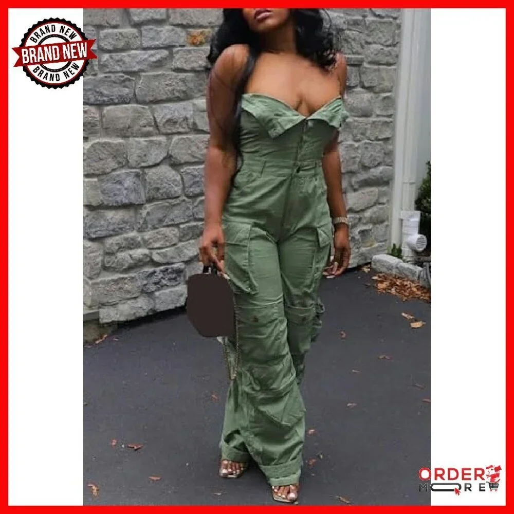 Strapless Denim Jumpsuit Wide Leg Multi Pockets Loose Fit Jean Romper